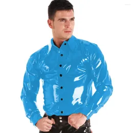 Men's T Shirts Nightclub Mens Glossy PVC Leather Shirt Top Wet Look Faux Latex Button Long Sleeve Spread Collar Party Bar Clubwear