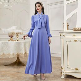 Casual Dresses Middle East Indonesia Arab Women's Round Neck Long Sleeve High Waist Ruffles A- Line Dress Ladies