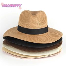 Stingy Brim Panama Sun s Women Fashion Beach Straw Men's Sunshade Jazz Hat Soft Breathable UV Protection Cap Chapeau Femme 12241s