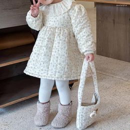 Clothing Sets Korean Winter Suit For Girls Floral Cotton Padded And Plush Warm Dress Lace High Neck Lining Shirt Two Piece Set Free Bag