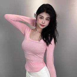 Women's T Shirts South Korea Dongdaemun Low-Cut Big Sexy Waist-Tight Square Collar Skinny Slimming Long-Sleeve T-shirt Top For Women
