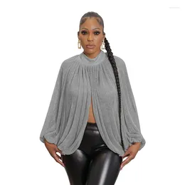 Women's Blouses Mutevole Women Lantern Sleeve High Split Backless Shirts Mock Neck Open Front Ruched Crop Top Sexy See Through Mesh Blouse