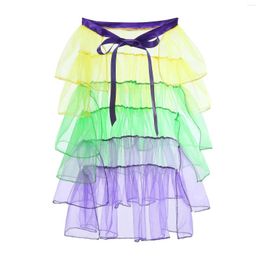 Stage Wear Womens Cake Skirt Rainbow Tail Stitching Lace Up Yarn Half Length Jean Skirts Suede