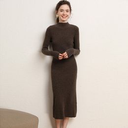 Half high necked wool dress, women's mid length sweater, knee length cashmere knitted wrap skirt, bottom long skirt