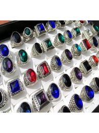 Whole 50Pcs Mix Lot Antique Silver Rings Mens Womens Vintage Gemstone Jewellery Party Ring Weeding Ring Random Style Rj7509745