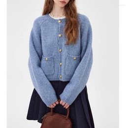 Women's Knits Sweater Cardigan Coat For Women 2023 Autumn Winter Mohair Iceland Blue Knitted Chic Round Neck Pocket Top Mujer