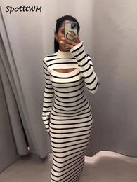 Casual Dresses Striped Turtleneck Full Sleeve Bodycorn Midi Dress Elegant Cut Out Knitted Long Vestidos 2023 Fall Women Fashion