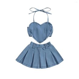 Clothing Sets Pudcoco Toddler Kids Baby Girls 2Pcs Denim Outfits Sleeveless Halter Neck Heart Tops Pleated Skirt Set Kid Clothes 1-6T Dhmpo