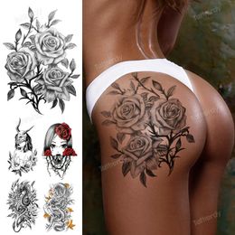 Temporary Tattoos sketch flowers black temporary tattoo stickers waterproof thigh arm body sleeve anime snake fox lion dark designs women 231208