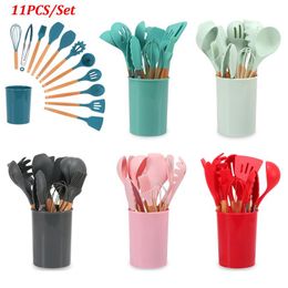 11PCS Silicone Cooking Utensils Set Non-stick Spatula Shovel Wooden Handle Cooking Tools Set With Storage Box Kitchen Tools307W