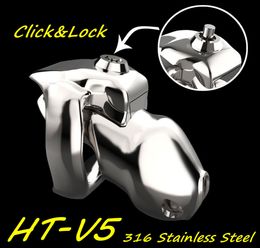 Latest Design 316 Stainless Steel Metal HTV5 Click Lock Male Chastity Device Cock Cage Penis Ring Belt Fetish Adult Sex Toys A5505021441