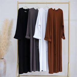 Ethnic Clothing Modest Casual Plain Muslim Women Ribbed O-neck Long Maxi Dress Turkey Dubai Arab Kaftan Femme Abaya Eid Ramadan Jalabiya