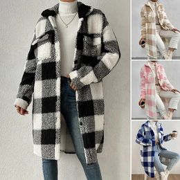 Women's Wool Blends Women Wool Blends Splice Plaid Coat Elegant Plush Polyester Lapel Long Jacket Ladies Lapel Button Coat Autumn Winter S-XL 231211
