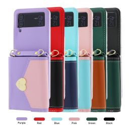 For Samsung Galaxy Z Flip 5 4 3 Flip5 Wallet Phone Case Cards Slot Pocket Bag Kickstand Folding Flip Leather Crossbody Lanyard Shockproof Cover