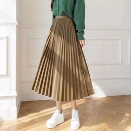 Skirts Solid Color Pleated Long Skirt Women Korean Fashion Ladies Work Casual Elastic High Waist A Line Party Autumn Winter