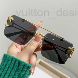 Sunglasses Designer Brand Fashionable Golden Tiger Head Sunglasses, Metal Square Frameless Cut Edge Cool Men's and Women's Glasses 85OI