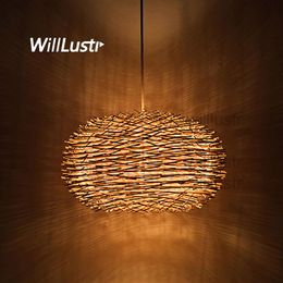 willlustr wicker pendant lamp handmade bird nest suspension light el restaurant mall bar lounge porch rattan hanging chandelier298w