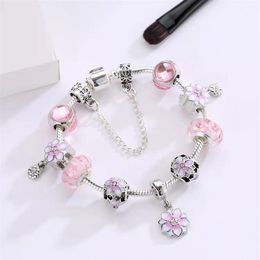 16 to 21CM pink oriental cherry charm bracelet 925 silver snake chain flower beads fit DIY Wedding Jewelry Accessories for new yea2637