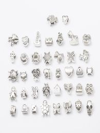 Mix Metals 40 Style Antique Silver Plated Alloy Big Hole Charms Spacer Beads fit bracelet DIY Jewellery Necklaces Pendants5488164