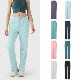 Lu Women's Yoga Pants Casual Straight Leg Pants High Waist Wide Leg Sports Pants Solid Colour Cotton Fleece Lined Sweatpant Fashionable versatile pants A-15