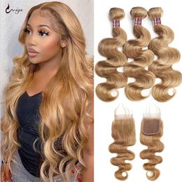 Synthetic Wigs #27 Honey Blonde Human Hair Bundles with Closure Brazilian Hair Weave Bundles with Closure 10A Coloured Body Wave Bundles 231211