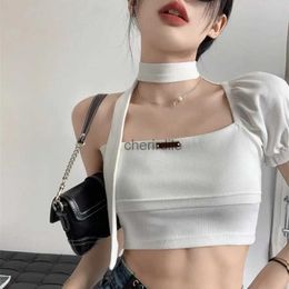 Women's Blouses Shirts Sweet And Spicy Halter Neck Y2k T-shirt Women's Summer Design Off Shoulder White Hot Girl Chic High Waist Tight Short Tops YQ231211