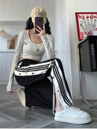 Women's Pants Fashion Y2k Black Slit 2023 Spring Summer High Waist Wide Leg Trouser Female Harajuku Baggy Striped Button Up Streetwear