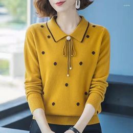Women's Sweaters Autumn Winter Dot Printing Turn Down Collar Large Nail Bead Bow Decorate Thick Pullovers Straight Women Knitting 3XL