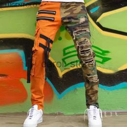 Men's Pants Ripped Jeans Men Camouflage Colour Block Slim-fit Straight-leg Overalls Spring Fashion Large Size Mens Pants J231208