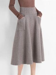 Skirts Autumn Winter Warm Wool Knitting Long Skirts Women High Waist with Pocket Loose Female Solid Knit Mid-Calf Skirt ZY7421 231211