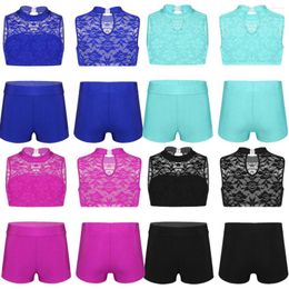 Stage Wear 2Pcs Children's Outfits Kids Sleeveless Floral Lace Tank Top With Bottoms Shorts Workout Fitness Suit Girls Ballet Dancewear