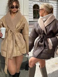 Women's Jackets Loose Winter Leather Jacket Women 2023 Female Vintage Lapel Faux Wool Belt Coat Thicken Warm Oversize Highstreet Outwear Top