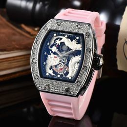 New Richar* Luxury Diamond Set Silver Shell Dragon Totem Trendy Men's Exclusive Quartz Glow Pointer Watch