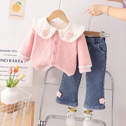 Clothing Sets Winter Children Baby Girls Thickened Plush Floral Coats Pants 2 Pcs Kids Tracksuit Infant Casual Clothes Outfits