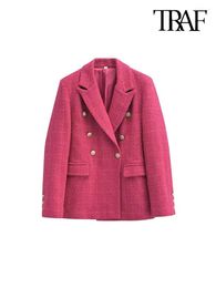 Women's Suits -Women's Double Breasted Tweed Blazer Long Sleeve Coat Flap Pockets Female Outerwear Chic Tops Fashion