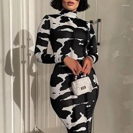 Casual Dresses Black White Printed Long Dress For Women Stylish Slim Fit Full Sleeves Turtleneck Wrap Female Pullover Streetwear