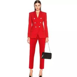 Designer Classic Women Pant Suit Lion Head Golden Button Double Breasted Coat Slim Pants Female Office Business Blazer Sets