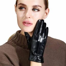 Winter Genuine Leather Women Gloves Touch Screen Sheepskin Thermal Linning Black Warm Mitten Full Finger Driving Hand Gloves2780