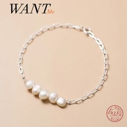 Beaded WANTME Punk Genuine 925 Sterling Silver Cuban Link Chain Geometric Baroque Pearl Charm Bracelet for Women Party Wedding Jewelry 231208