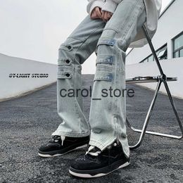 Men's Pants New Streetwear Men Sense of Design Knee Button Flare Jeans Blue Black Cylinder Broad Leg Opening Zipper Mop Denim Pants M-5XL J231208