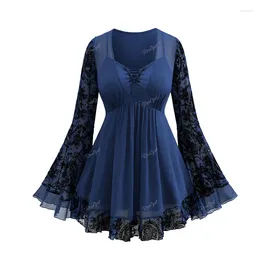 Women's T Shirts ROSEGAL Plus Size Deep Blue T-shirt Women Autumn Streetwear Braided Panel Ruched Floral Lace Flare Sleeves Blouse Top 4XL