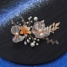 Luxurious Hair Clips Golden Flower Headpieces Handmade Floral Pearls Barrettes Leaf Wedding Hair Accessories Princess Jewellery