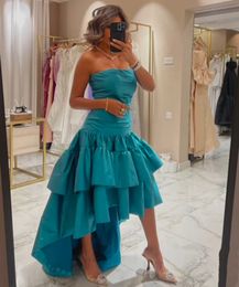 Vintage High Low Blue Taffeta Prom Dresses A-Line Ruffled Strapless Neck Asymmetrical Length Party Dress Formal Evening Dresses for Women