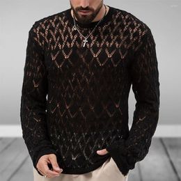 Men's T Shirts Men Sexy Transparent Fishnet Knitted Shirt Long Sleeve See Through Knitwear O-neck Clothing Streetwear Nightclub Wear