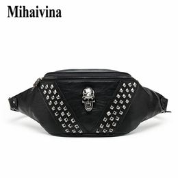 Mihaivina Punk Rivet Skull Men Waist Bag Women Black Fanny Pack Leather Chest s Female Shoulder Messenger Bum s 2202162400