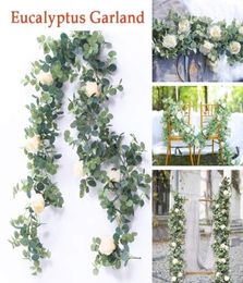 Eucalyptus Garland with Rose Flowers Artificial Vines Faux Silk Greenery Wedding Backdrop Arch Wall Decor for Home Dinning Table6159543