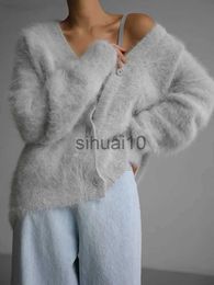 Women's Sweaters Elegant V Neck Mohair Soft Cardigan Women Loose Solid Long Sleeve Warm Plush Sweater Coat Lady Winter Chic Female Knitwear J231211