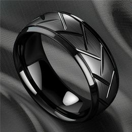 Wedding Rings Black 8mm Groove Beveled Stainless Steel Ring for Men Women Delicate Steel Rings Mens Jewelry Party Gifts 231208