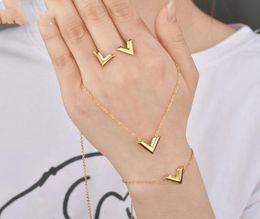 Earrings Necklace Fashion Parts Whole Stainless Steel Simple V Letter Bracelet Ear Stud Women039s Suit Bridal Jewelry Set6556843