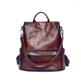 School Bags Highend Vintage Anti Theft A4 Coffee Yellow Black Full Grain Genuine Leather Women's Backpack Female Shoulder Bag Lady M3002